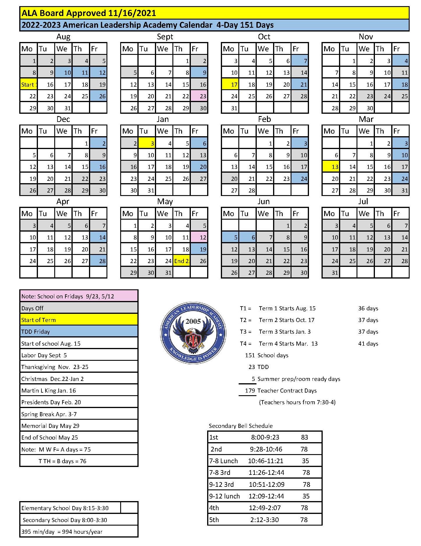 2022-23 School Calendar - American Leadership Academy