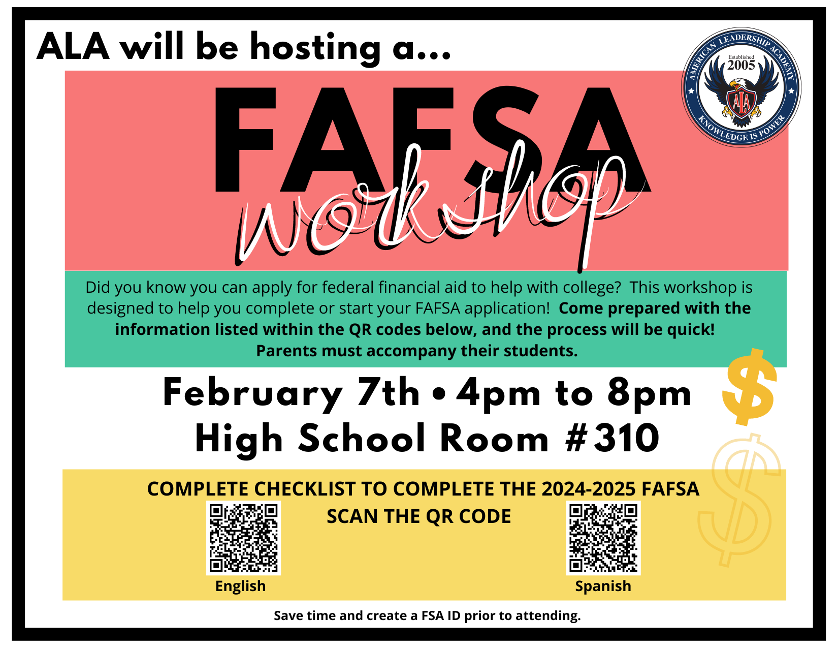 ALA will be hosting a FAFSA Workshop