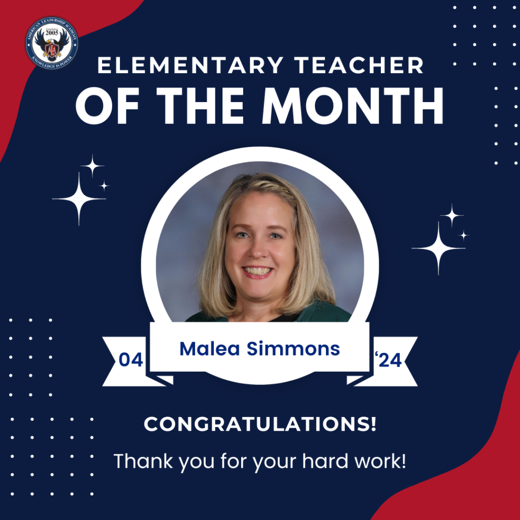 Congratulations Mrs. Simmons for being awarded the Elementary Teacher of the Month for April.