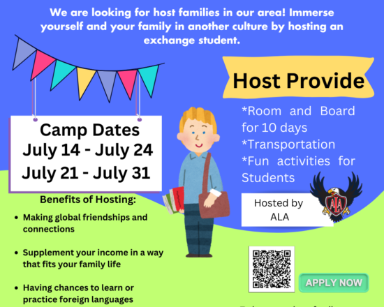 Host families needed for our Chinese foreign exchange summer camps hosted by ALA.  If you would like to be a host family please scan the QR code to apply or contact Andrea Oliver at Foreignexchangeprogram@gmail.com.