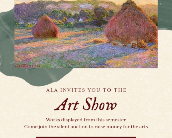 ALA invites you to our upcoming art show, which will be held on May 16th from 5:30 to 7:30 PM.
