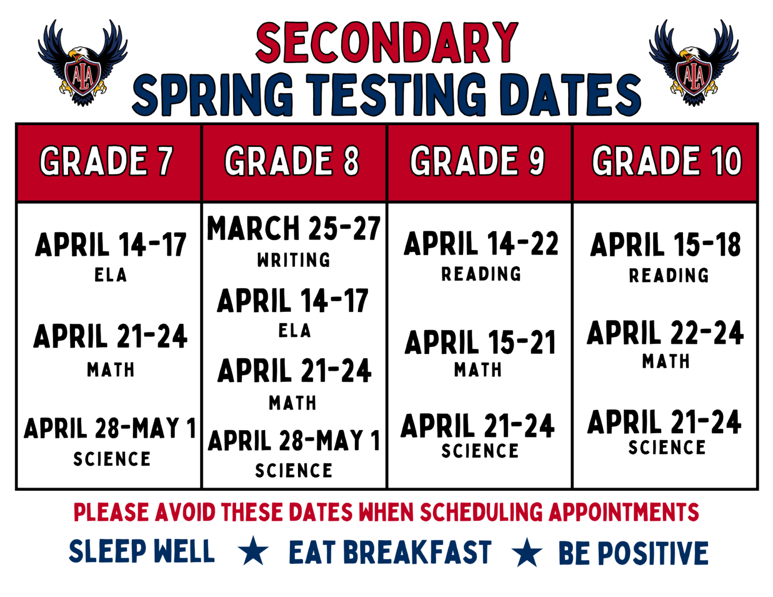 Spring Testing Dates Secondary - American Leadership Academy